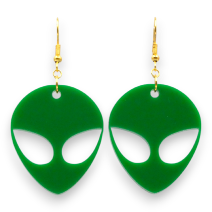 Green Alien Earrings in Gold Hooks