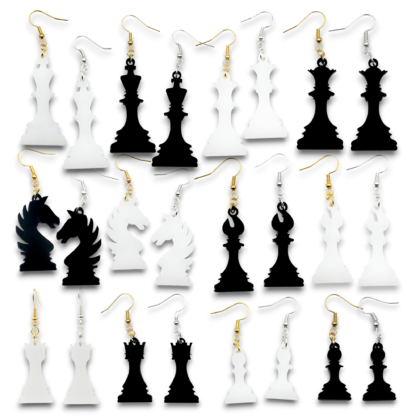Chess Piece Earrings in black and white acrylic on silver and gold fishhooks