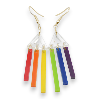 rainbow pride earrings with six dangling colors split between two clear triangles