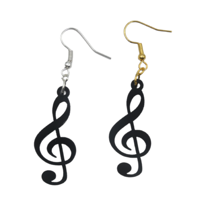 Black acrylic treble clef charms on gold hooks Black acrylic treble clef charms displayed on silver and gold hooks
