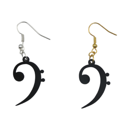 Black acrylic bass clef charms on gold hooks Black acrylic treble clef charms displayed on silver and gold hooks